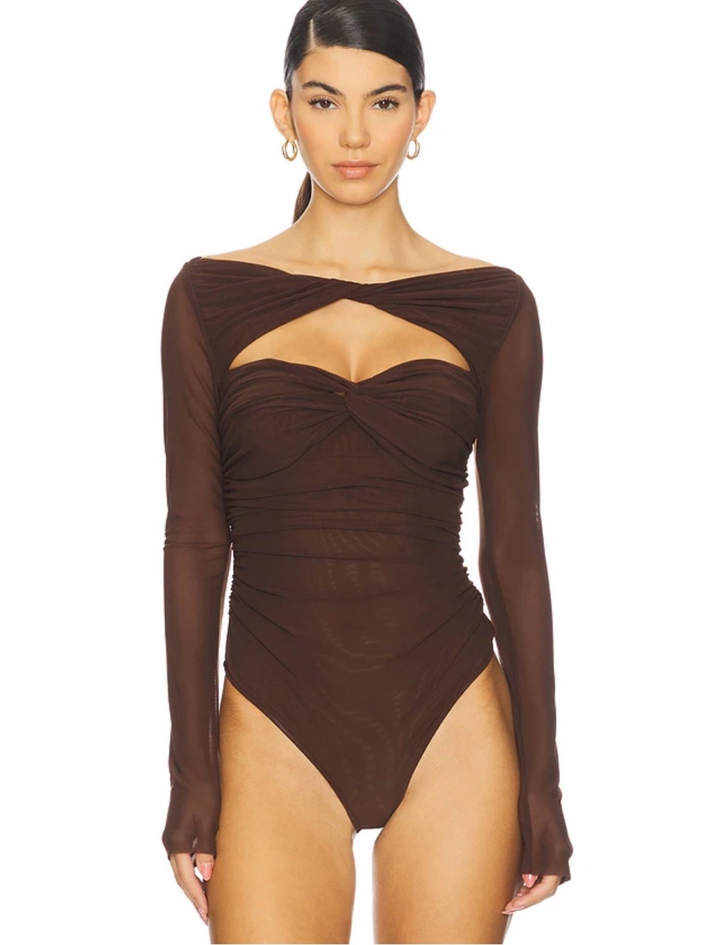 Revolve MAJORELLE Brown Long-Sleeve Twist Cutout Bodysuit